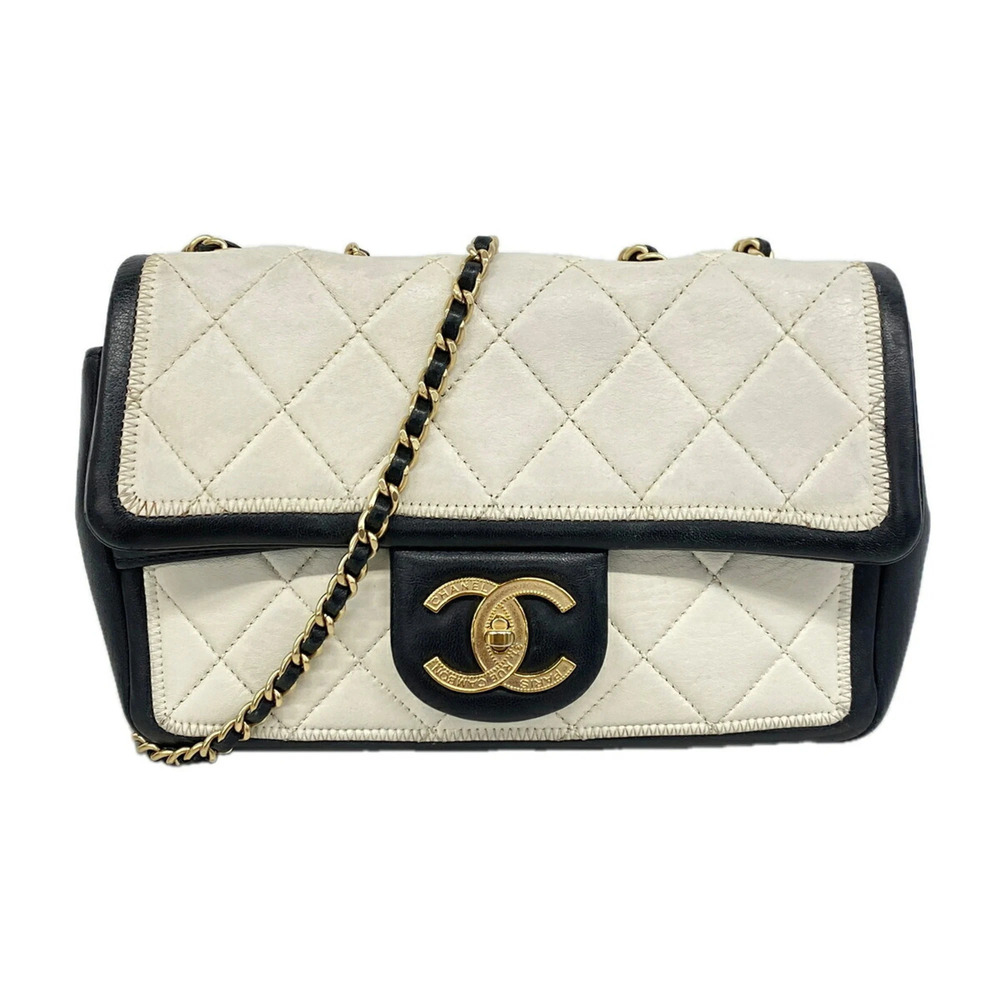 Chanel Matelassé Shoulder Bag with Double Chain, Lambskin, White/Black, Women's
